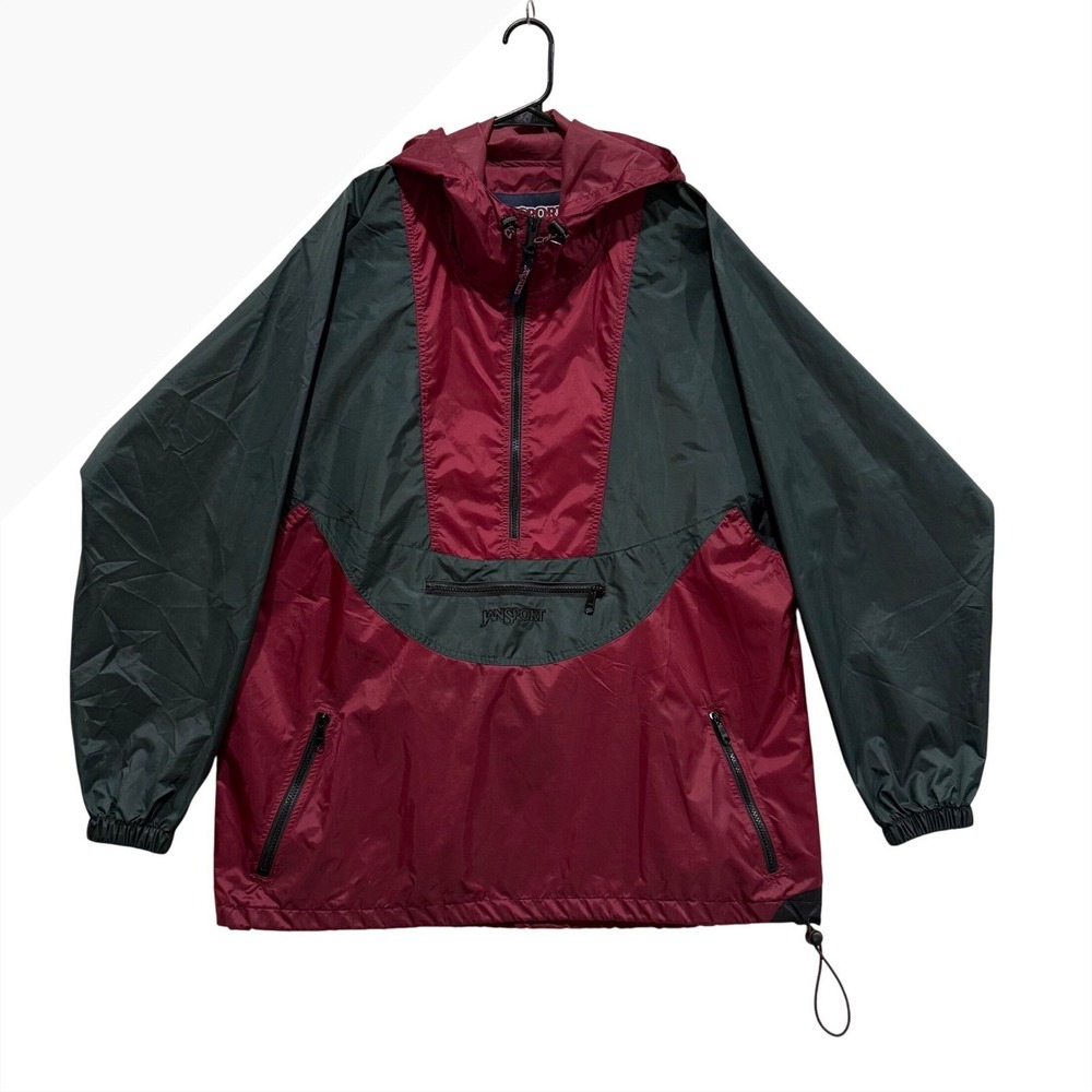 Vintage JanSport Maroon Green Colorblock Anorak Windbreaker Jacket XL Hooded